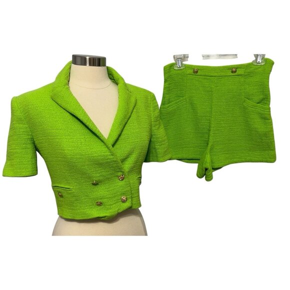 Zara Textured Crop Tweed Blazer Shorts Set Green Size M Double Breasted - Picture 1 of 15